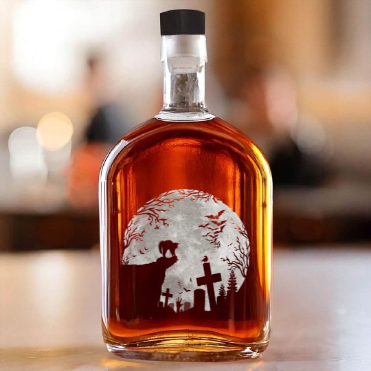 Halloween Black Cat Werewolf Full Moon Bats trick Whiskey Bottles