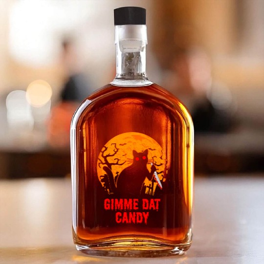 Gimme Dat Candy Creepy Cat Spooky Halloween Whiskey Bottles