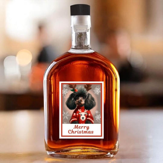 Cute doggy (black miniature poodle) in a festive Whiskey Bottles