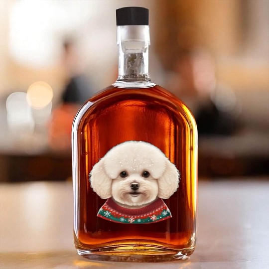 Festive Bichon Frise in a Christmas Sweater Whiskey Bottles