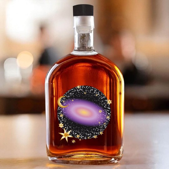 glowing violet galaxy with moon and stars Whiskey Bottles