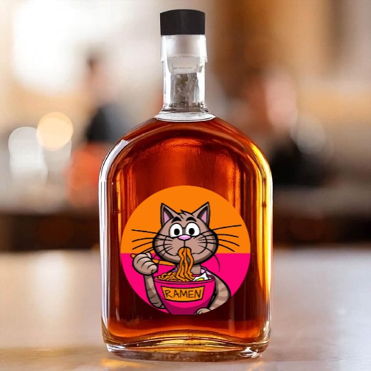 Colorful Ramen Cat Orange and Pink Whiskey Bottles