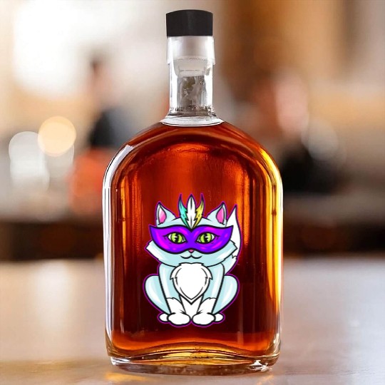 Cute Kawaii Cat With Purple Mask For Mardi Gras Whiskey Bottles