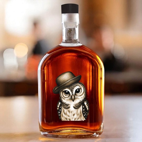 owl wearing derby hat - brown color Whiskey Bottles