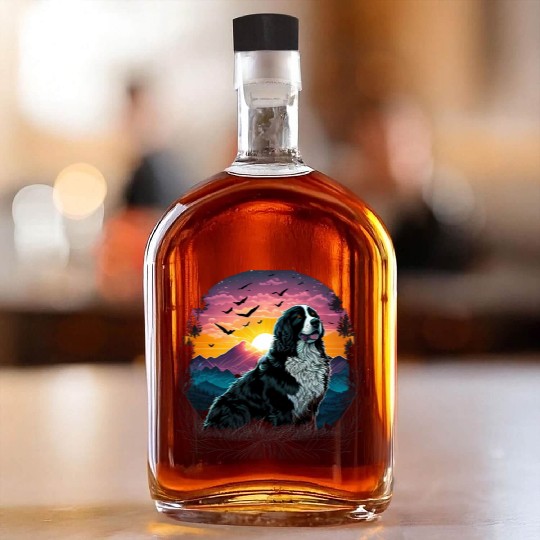 Bernese Mountain Dog with Mountain Sunrise view Whiskey Bottles