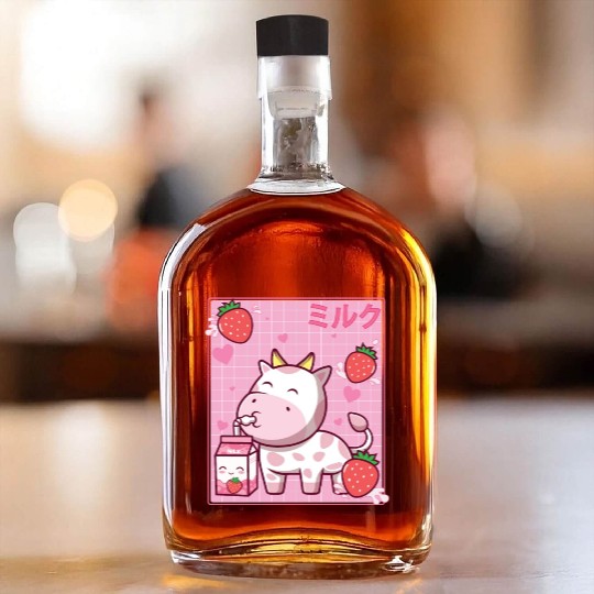 Kawaii Pink Strawberry Cow Milk Shake Otaku Anime Whiskey Bottles