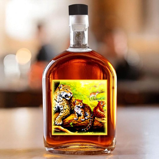 Jaguar Mom and Cubs Relaxing in Jungle. Buy Now Whiskey Bottles
