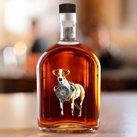 Brown White Greyhound Dog With Old Looking Clock Whiskey Bottles