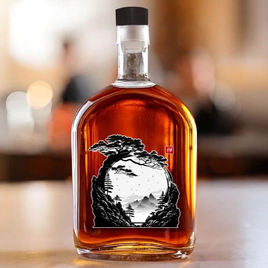 Japanese Zen Circle Landscape Buddhism Bonsai Tree Whiskey Bottles