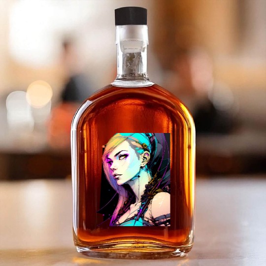 Neon Dreams A Cyberpunk Girl with Orange Teal Hair Whiskey Bottles