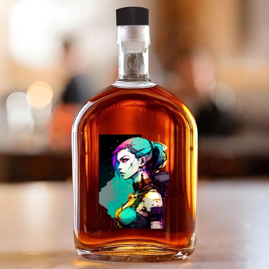 Bold and Beautiful Cyberpunk Girl with Teal Hair Whiskey Bottles