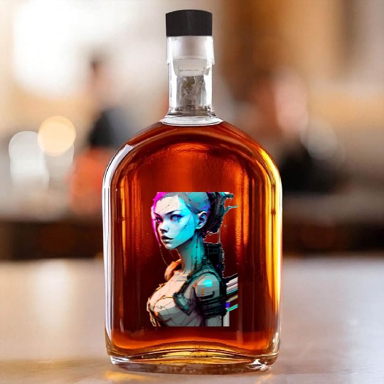 High Tech Style Illustration of a Cyberpunk Girl Whiskey Bottles
