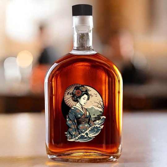 Geisha Watercolor Sea Waves Asian Art Woman Whiskey Bottles