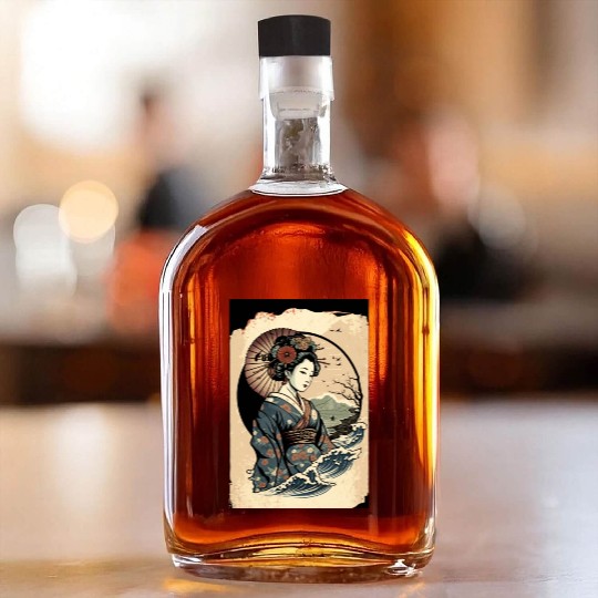 Geisha Watercolor Sea Waves Asian Art Woman Poster Whiskey Bottles
