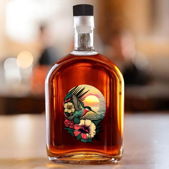 Hummingbird flies over hibiscus flower Tropical Whiskey Bottles