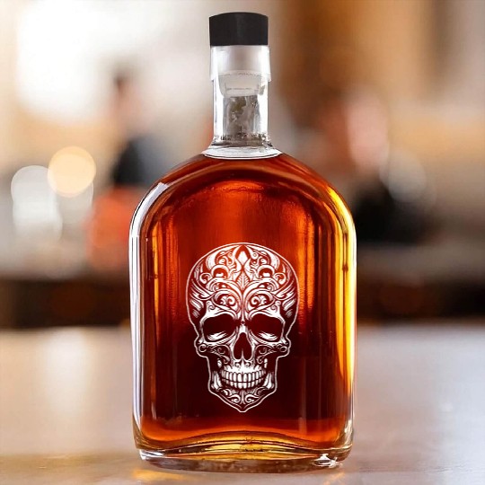 Skull Dia de los Muertos Halloween Tattoo Rose Whiskey Bottles