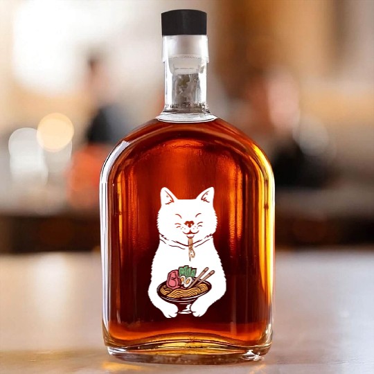 Cute Cat Eating Ramen Whiskey Bottles
