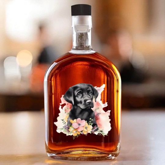Black Lab Dog Watercolor Floral Whiskey Bottles