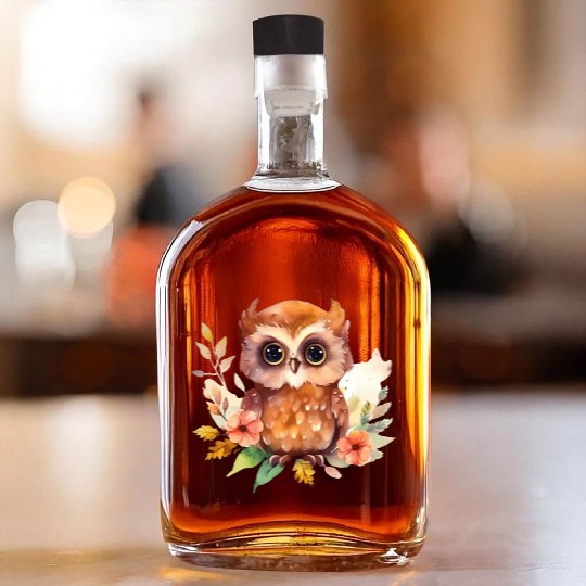 Brown Owl Forest Animal Watercolor Floral Whiskey Bottles