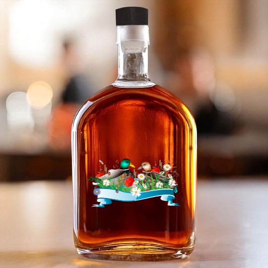 Pair of ducks in a lake with a spring-like shore Whiskey Bottles