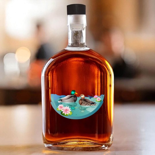 Duck couple in a duck pond with water lilies Whiskey Bottles