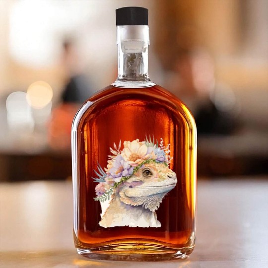 Cute Bearded Dragon Flower Crown Floral Watercolor Whiskey Bottles