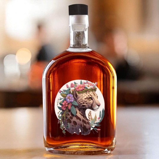 Cute Ocelot Flower Crown Floral Watercolor Animal Whiskey Bottles