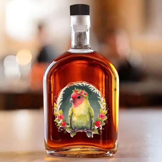 Green Peach Faced Lovebird Parrot Flower Crown Pet Whiskey Bottles