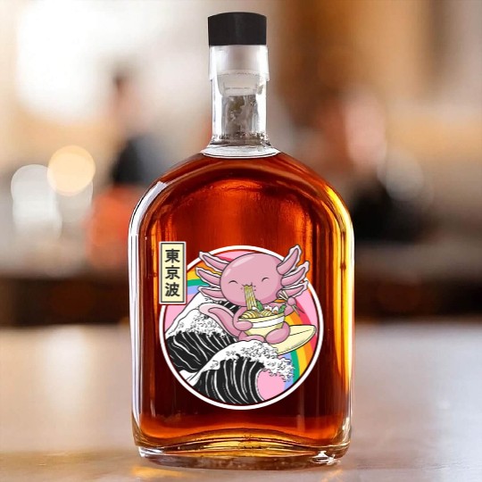 Axolotl Eating Ramen Kanagawa Wave Kawaii Japan Va Whiskey Bottles