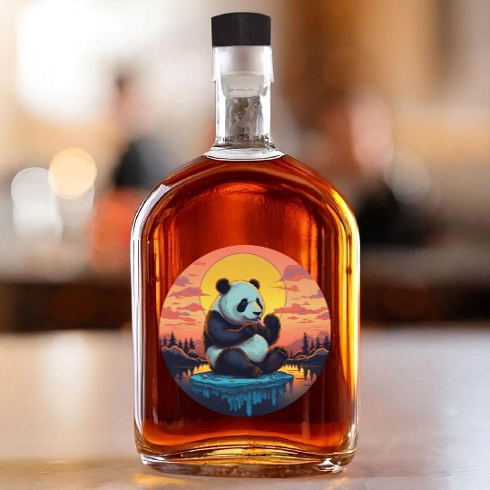 Cute Panda on Ice Floe with Sweets - Sunset Whiskey Bottles