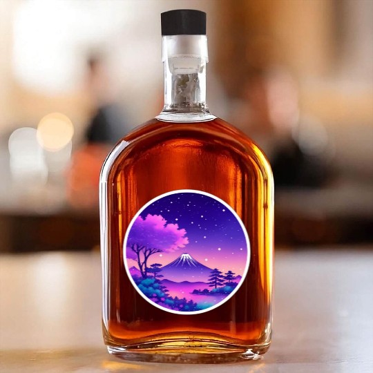 Japan Mount Fuji Night Sky Lo-Fi Art Retro Purple Whiskey Bottles