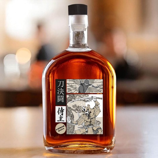 Katana Samurai Vs Ninja Warrior Comic Strip style Whiskey Bottles