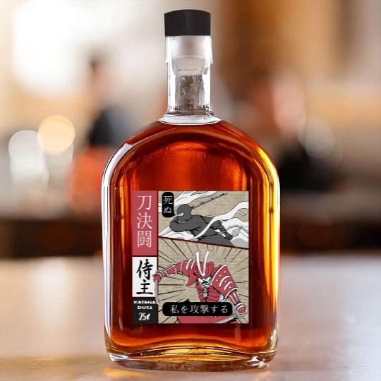 Samurai Vs shinobi Warrior Comic Strip style Whiskey Bottles