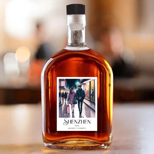Loving couple walking in streets of Shenzhen China Whiskey Bottles