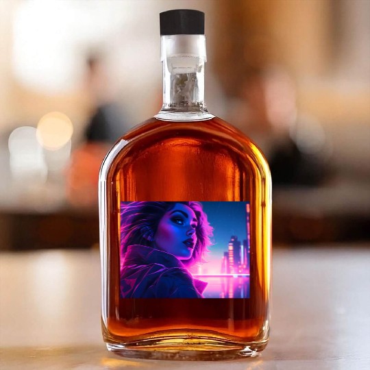 Synthwave girl in front of a neon light city Whiskey Bottles