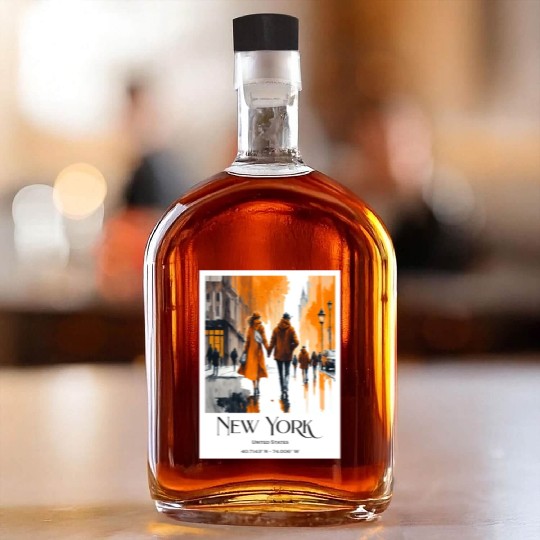 Watercolor painting loving couple in New York City Whiskey Bottles
