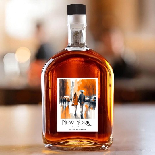 Watercolor painting loving couple in New York City Whiskey Bottles