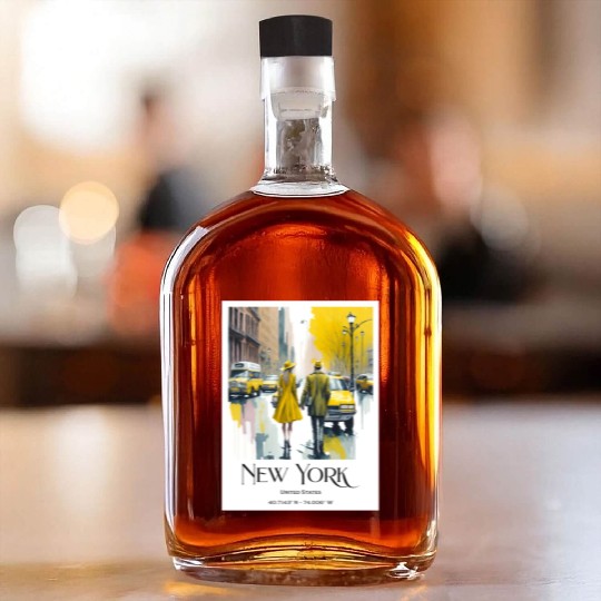 Watercolor painting loving couple in New York City Whiskey Bottles
