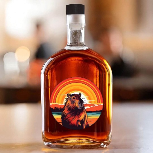 Sunset Serenity: Rustic Capybara Stripe Illustrate Whiskey Bottles