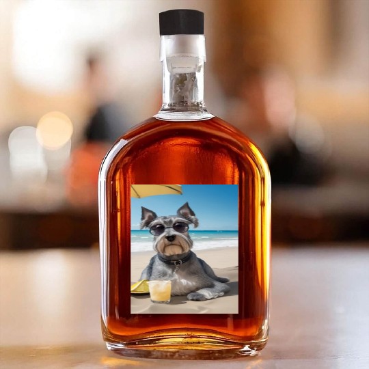 Schnauzer Chilling at Beach with a Drink Whiskey Bottles