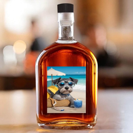 Schnauzer Chilling at the Beach with a Drink Whiskey Bottles