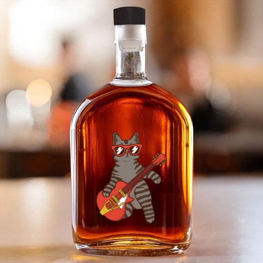 Rock Cat Playing Guitar - Funny Guitar Cat Whiskey Bottles