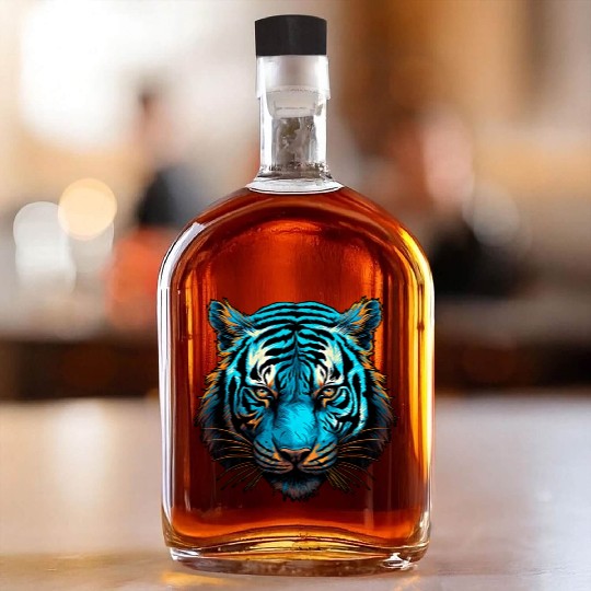 Tiger in blue and orange with woodcut inspired gra Whiskey Bottles