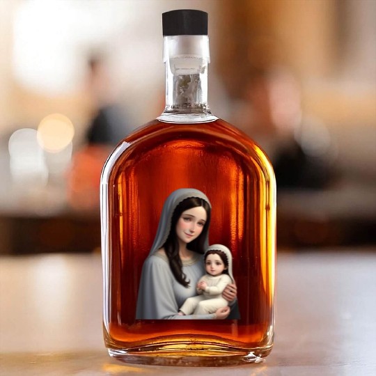 Smiling Mother Mary with Baby Jesus Whiskey Bottles