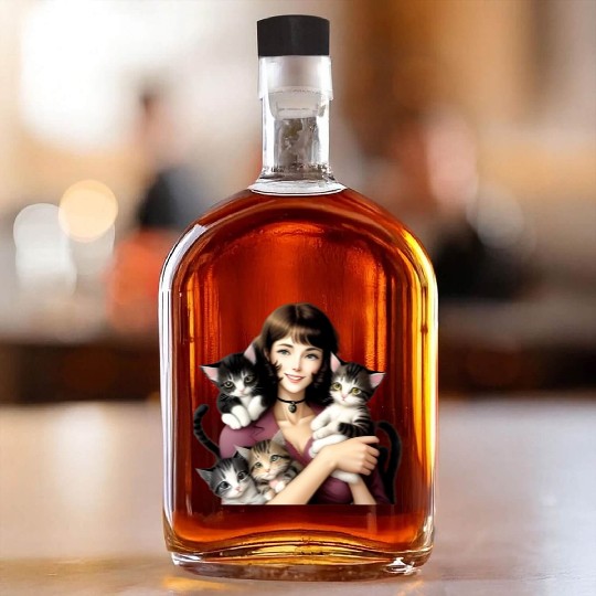 Pretty Cat Lady with Cute Kittens Whiskey Bottles