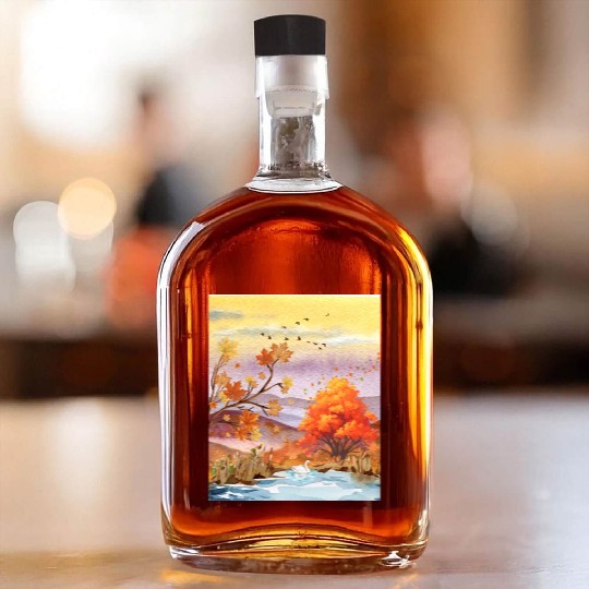 "Autumn Serenity by the Lake - Watercolor Swan" Whiskey Bottles