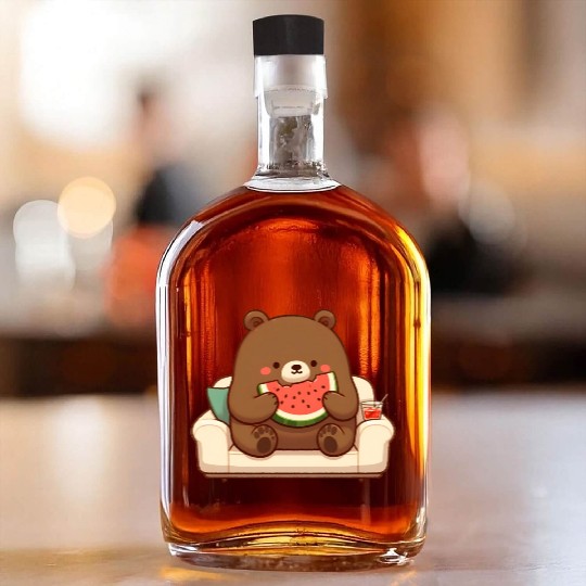 Cosy bear enjoying watermelon Whiskey Bottles