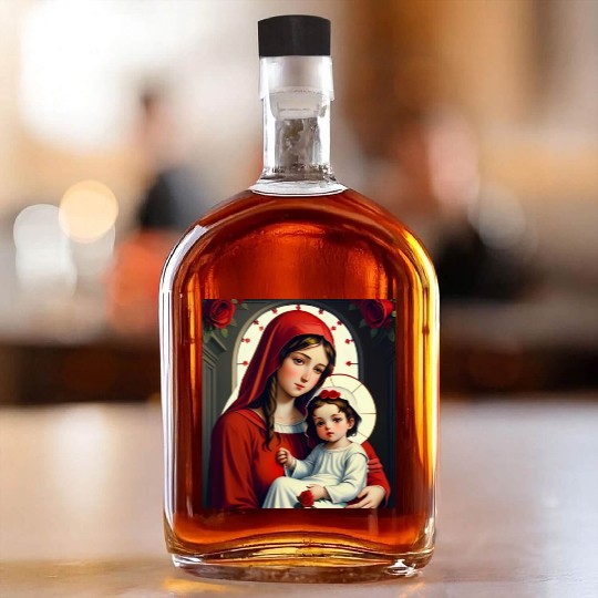 Mother Mary and Baby Jesus with Roses Whiskey Bottles