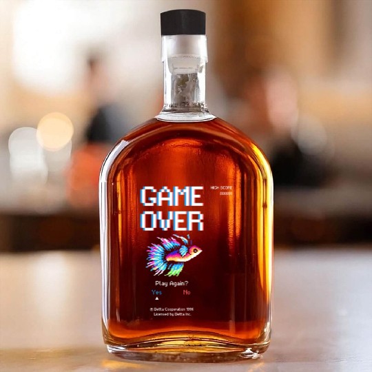 8 bit Arcade Retro Game Over Betta Fish Whiskey Bottles