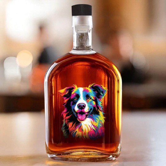Watercolor Colorful Border Collie Whiskey Bottles